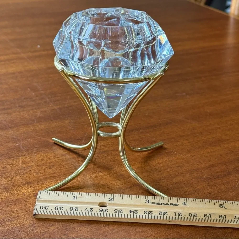 PARTYLITE Diamond Solitaire Shaped 24% Lead Crystal Candle Holder Gold Stand - Picture 7 of 10